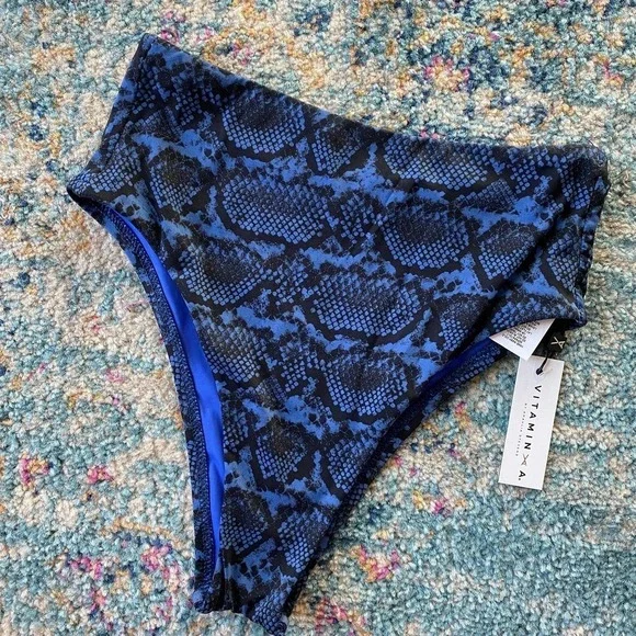 NWT Vitamin A EcoLux Barcelona High Waist Bikini Bottom Blue Snakeskin Printed - Picture 3 of 7